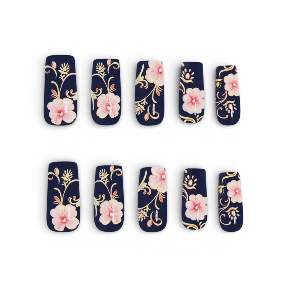 24 Piece Ornate Navy and Pink Floral Nail Art Set.